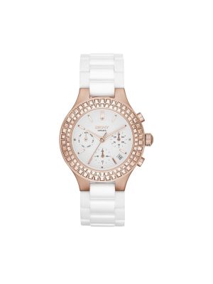 DKNY Chambers Large Ceramic Rose Gold-Tone Chronograph Watch with Glitz